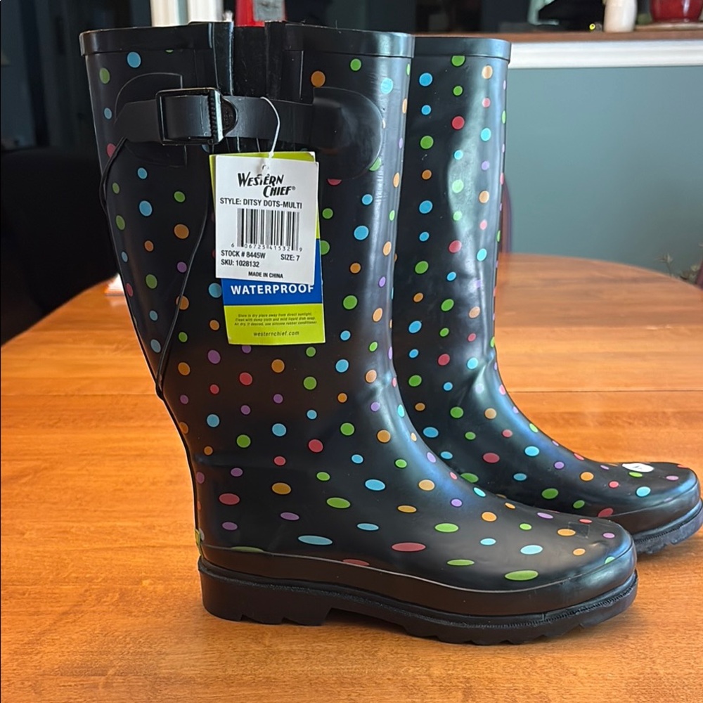 Western Chief Black Rain Boots with Colorful Polka Dots NWT NEW size 7